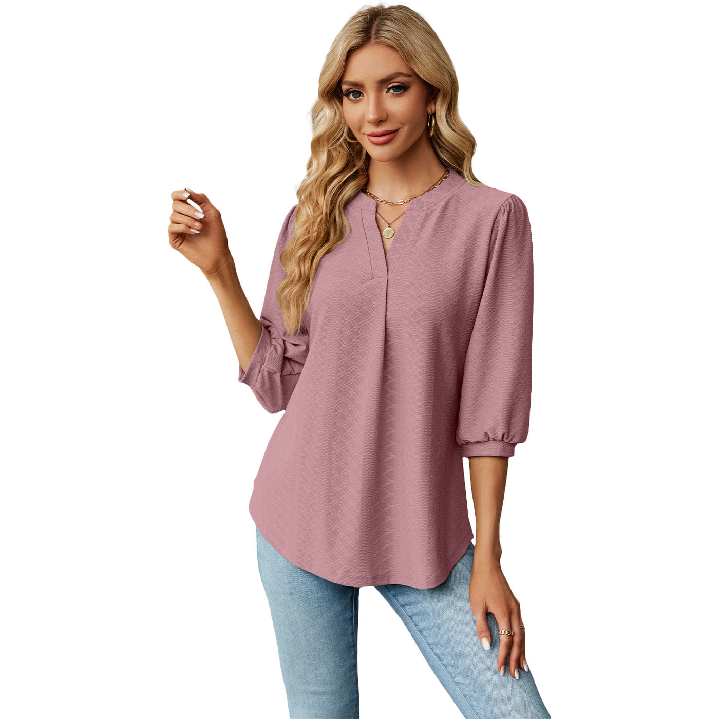 Solid Color Lace Collar Jacquard Long Sleeve Loose-fitting T-shirt Top - Carvan Mart