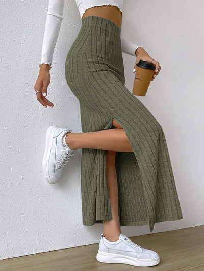 Women's Spring Long Skirt High Waist Side Slit Slim Fit Knitted Skirt - Carvan Mart