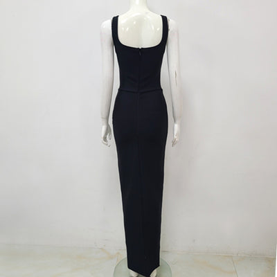 Black Dress Sleeveless U-neck Rhinestone Elegant Slim Bandage Dress - Carvan Mart