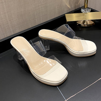 Square Transparent Slippers With A Straight Line On The Outside - Transparent 5CM heel - Women's Sandals - Carvan Mart