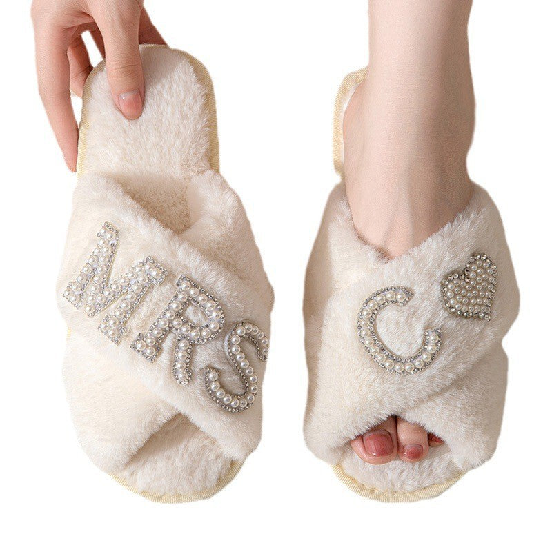 Women's Plush Slippers Home Non-slip Cotton Slippers Fleece-lined Thickened Cross Toe Covering Fluffy Slippers - White C - Women's Slippers - Carvan Mart