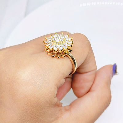 Rotating SUNFLOWER Diamond Ring - Gold Opening Adjustable - Women's Rings - Carvan Mart