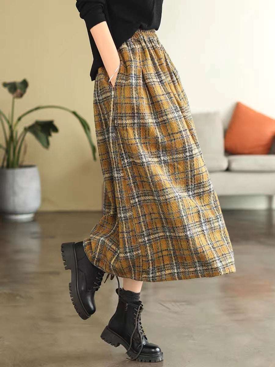 Elastic High Waist Woolen Cloth Plaid A- Line Dress