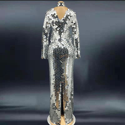 Women's Rhinestone Sequin Cocktail Party Dress - Elegant Long Silver Gown with Diamond Jewelry Details - Carvan Mart