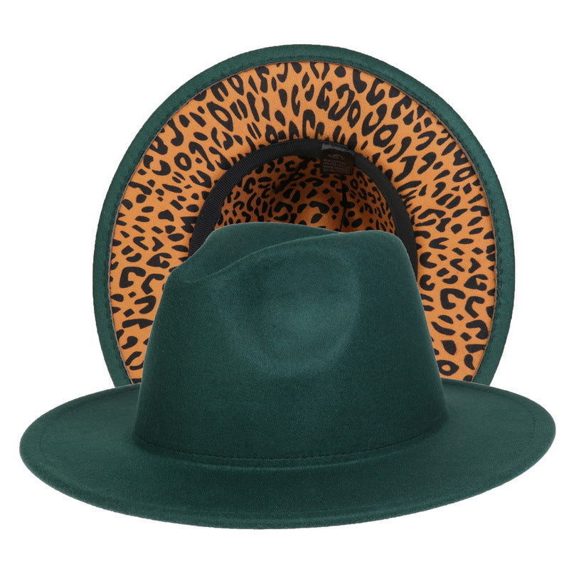 Double-sided Color-blocking Leopard Print Woolen Fedora Hat - Dark Green Leopard Print M - Men's Hats & Caps - Carvan Mart