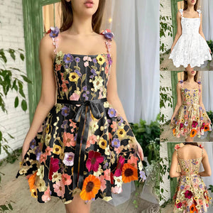 Floral Summer Dresses For Women Embroidery Dress Sweet A-line Suspender Dress - - Dresses - Carvan Mart