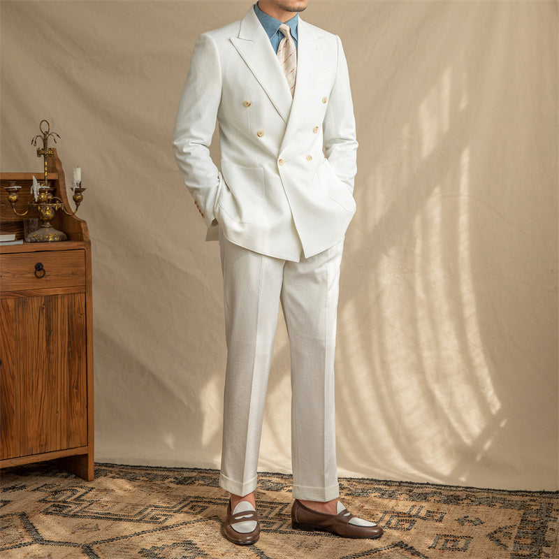 Breathable Seersucker Half-lined Non-iron Double-breasted Jacket - White - Men Suits & Sets - Carvan Mart