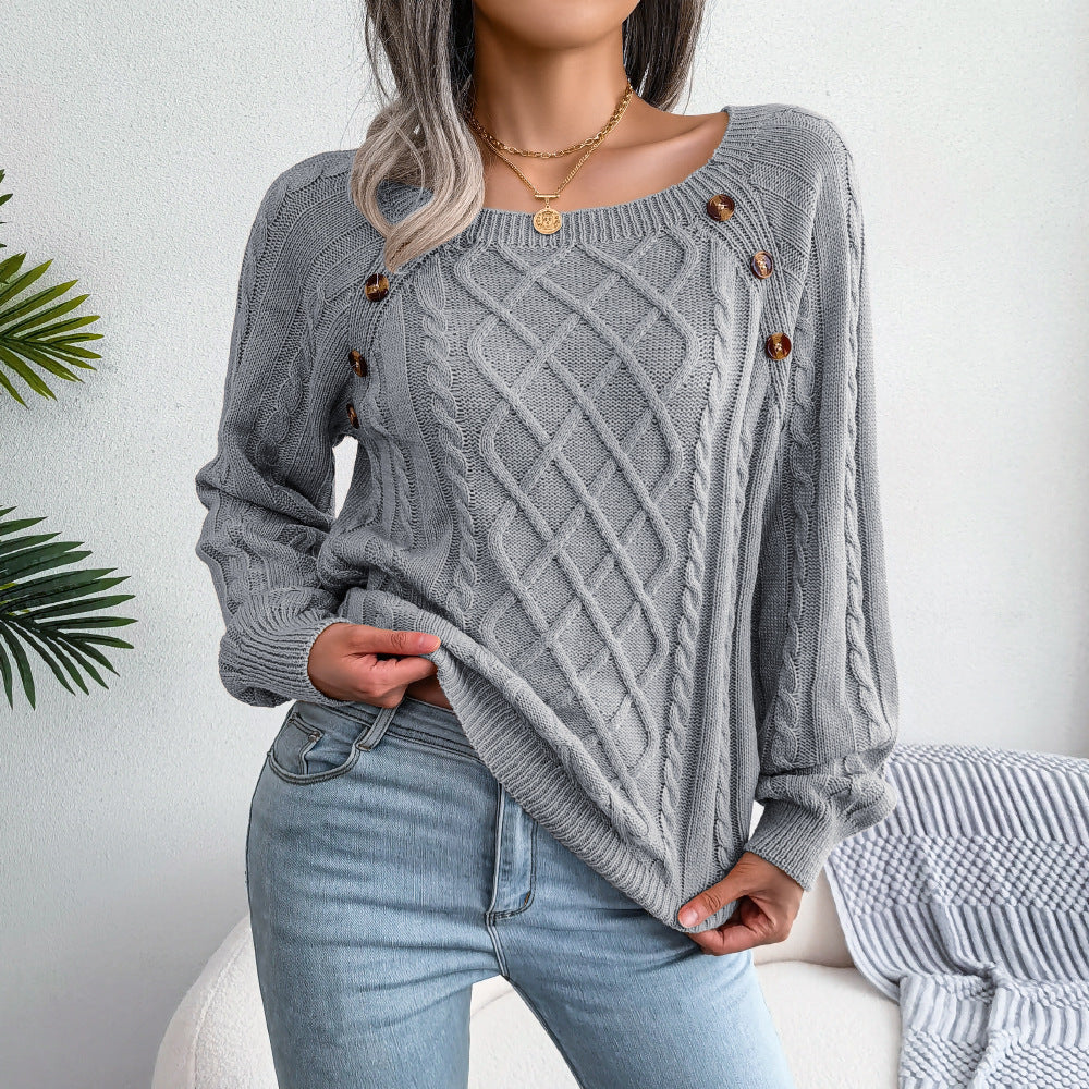 Square Neck Button Fried Dough Twist Knitting Sweater - Carvan Mart