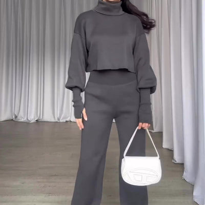 Fashion Suit Turtleneck Long-sleeve Top And High-waisted Trouser - Carvan Mart