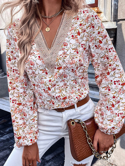 Loose Lace V-neck Chiffon Shirt For Women New Floral Printed Long-sleeve Top - - Winter Tops - Carvan Mart