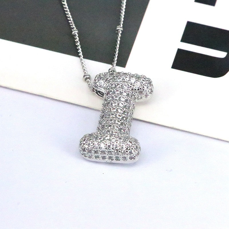 Brass Zircon Bubble Balloon Letter Pendant Necklace For Women - Silvery I - Necklaces - Carvan Mart