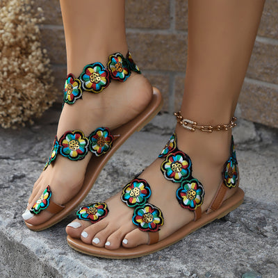 Ethnic Flower Flat Sandals Summer Vacation Casual Clip Toe Beach Shoes For Women - Carvan Mart