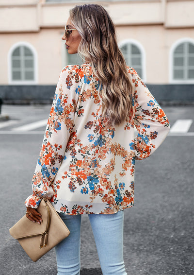 Women's Tops Casual Floral Print V Neck Long Sleeve Loose Chiffon Shirt - Carvan Mart