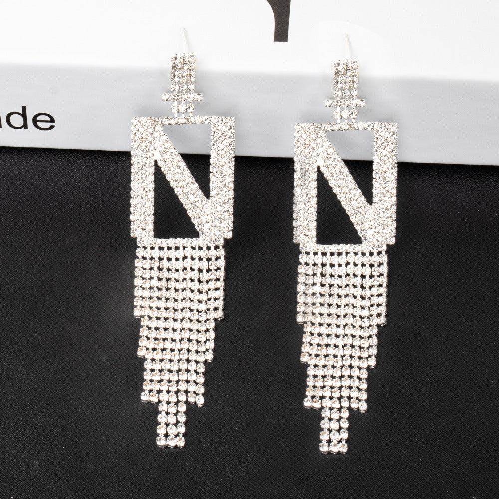 Fashion Jewelry 925 Silver Needle Ornaments Rhinestone Letter B Earrings Banquet Tassel Ear Ornaments Earrings - Silver N - Earrings - Carvan Mart