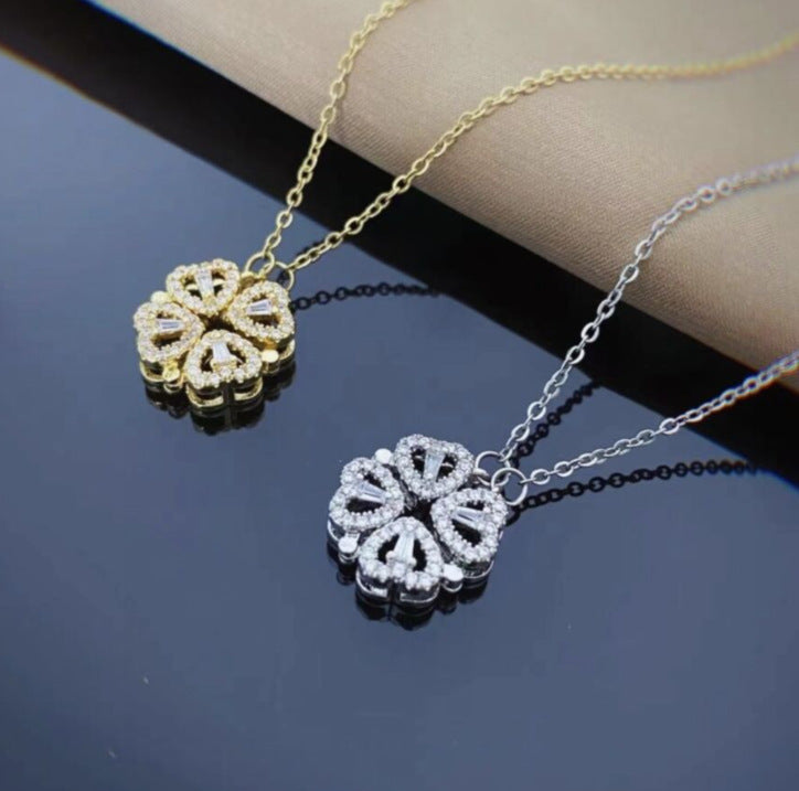 Retro Magnetic Folding Heart Shaped Four Leaf Clover Pendant Necklace Women Love Clavicle Chain Gifts Openable Choker Jewelry - Carvan Mart Ltd