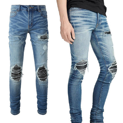 Patched Leather Pleats And Patchwork For Old Washed Light Colored Jeans For Men - Carvan Mart