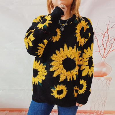 Women's Sweater Sunflower Jacquard Round Neck Long Sleeve Sweater - Carvan Mart