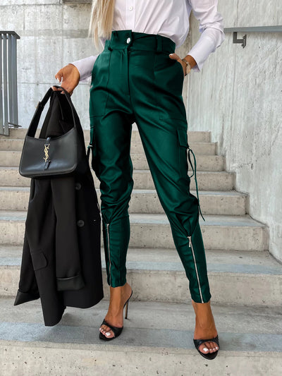 High-Waisted Leather Cargo Pants - Trendy Slim Fit with Zipper Pockets - Carvan Mart