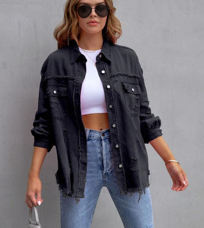 Women's Oversized Frayed Lightweight Denim Jacket Button Down Ripped Distressed Jean Shacket - Carvan Mart