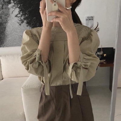 Round Neck Pleated Design Loose Bow Lace-up Lantern Sleeve Shirt Top - - Winter Tops - Carvan Mart