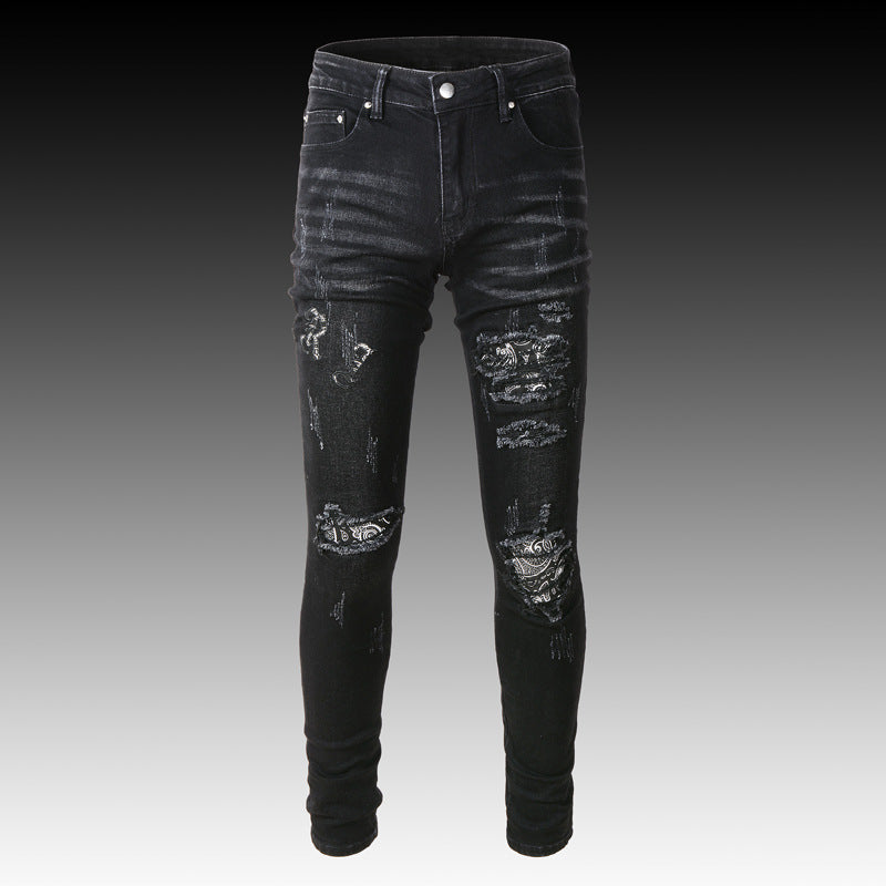 Men's Black Paisley Printed Patch Ripped Jeans - Carvan Mart