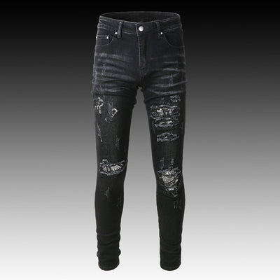 Men's Black Paisley Printed Patch Ripped Jeans - Black And Gray - Men's Jeans - Carvan Mart