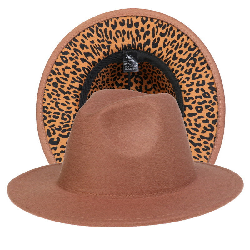 Double-sided Color-blocking Leopard Print Woolen Fedora Hat - Camel Leopard Print M - Men's Hats & Caps - Carvan Mart