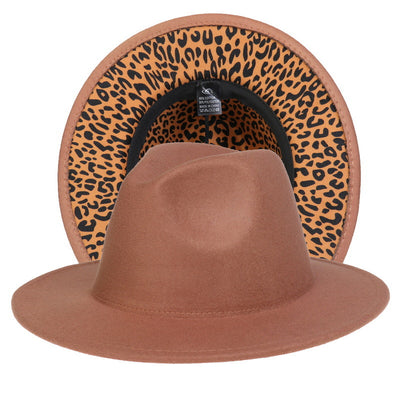 Double-sided Color-blocking Leopard Print Woolen Fedora Hat - Carvan Mart