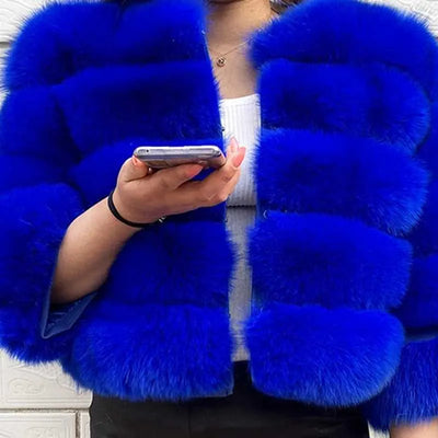 New Women's Coat Short Stitching Long Sleeve Fur Jacket - Sapphire Blue - Leather & Suede - Carvan Mart