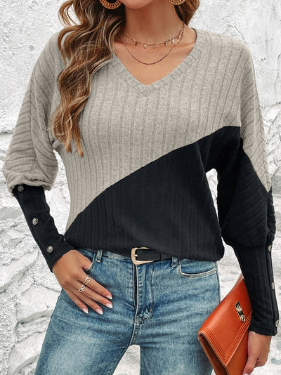 Long Sleeve V-collar Contrast Color Slimming Top - Carvan Mart