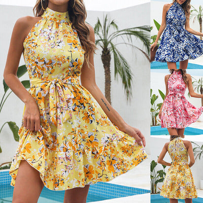 Halter Neck Summer Dress Temperament Lace-up Ruffled Dresses For Women - Carvan Mart