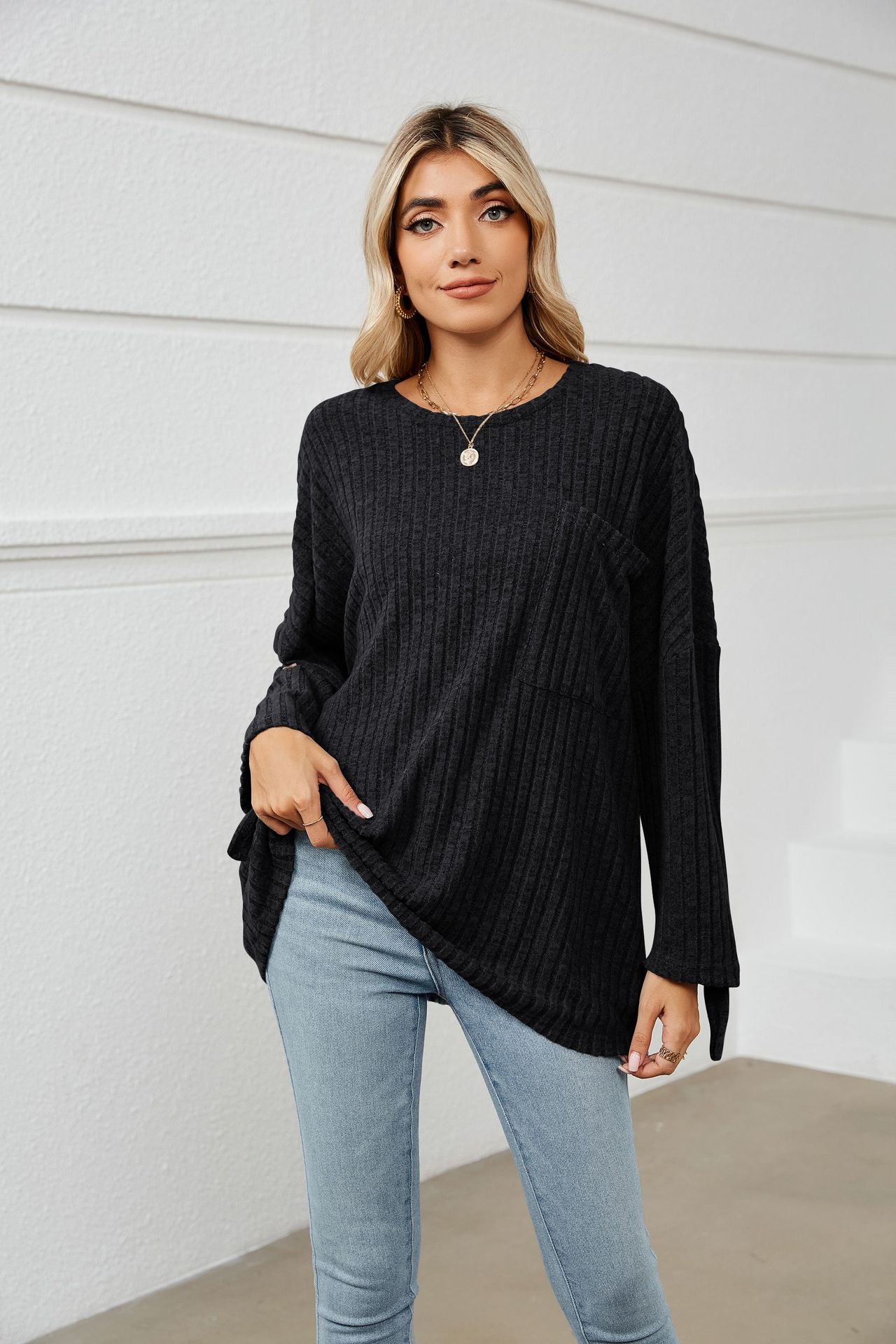 Women's Sunken Stripe Fleece Long-sleeve T-shirt Boat-neck Striped Tees - Carvan Mart