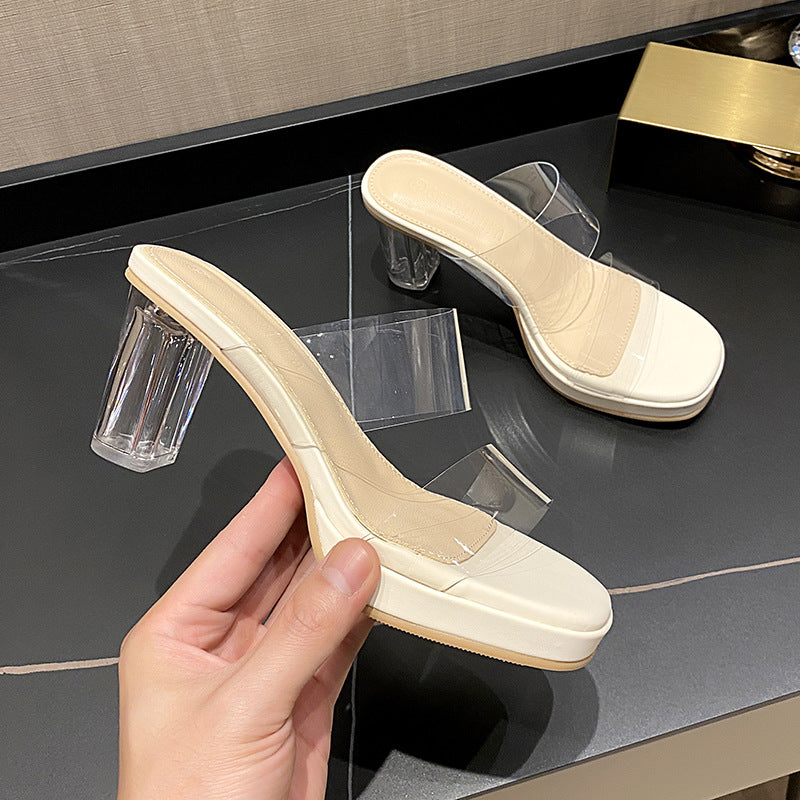 Square Transparent Slippers With A Straight Line On The Outside - Transparent 7CM heel - Women's Sandals - Carvan Mart