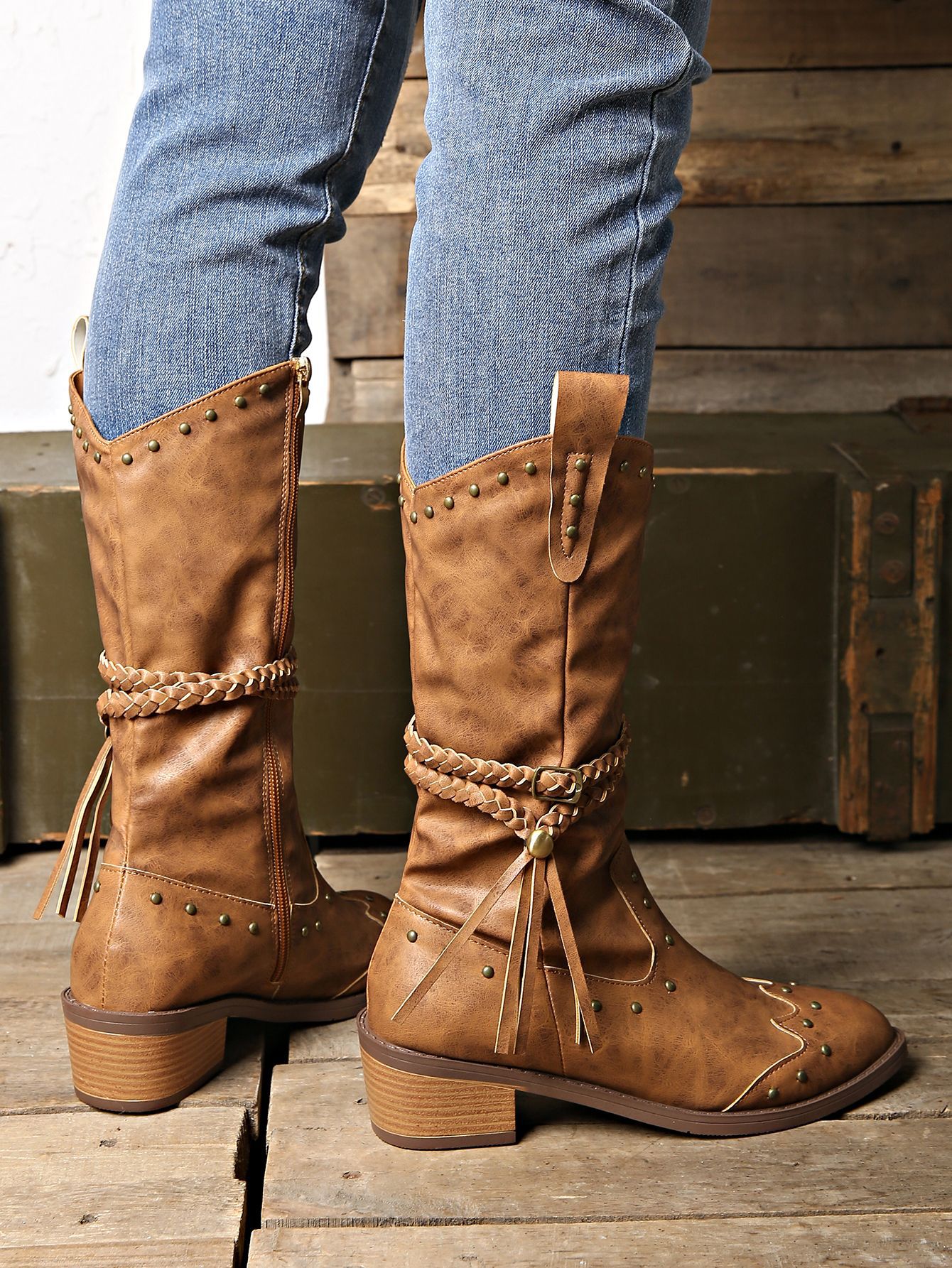 Women's Western Style Mid-Calf Cowboy Boots - Vintage Leather Look with Tassels and Buckles - Carvan Mart