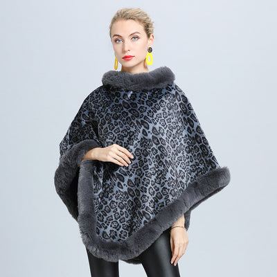 Women's Cloak Printed Fur Collar Pullover Shawl - Grey One Size - Women's Coats & Jackets - Carvan Mart