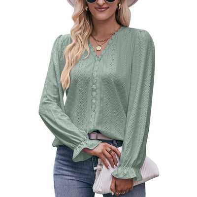 Fashion Lace V-neck Long Sleeve Top - Green - Winter Tops - Carvan Mart