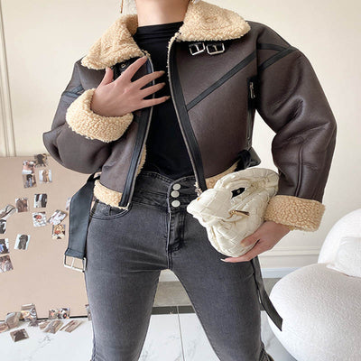 Shearling-Lined Women's Leather Coat Short Versatile Thickened Jacket - Carvan Mart