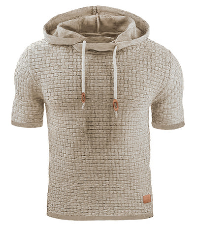 Mens Hooded Sweatshirt Short Sleeve Solid Knitted Hoodie Pullover Sweater - Khaki - Men's Sweaters - Carvan Mart