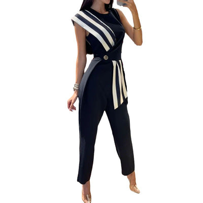 Women's Dress With Wrap Striped Print Button Waist Street Style Two Piece Suit - - Suits & Sets - Carvan Mart