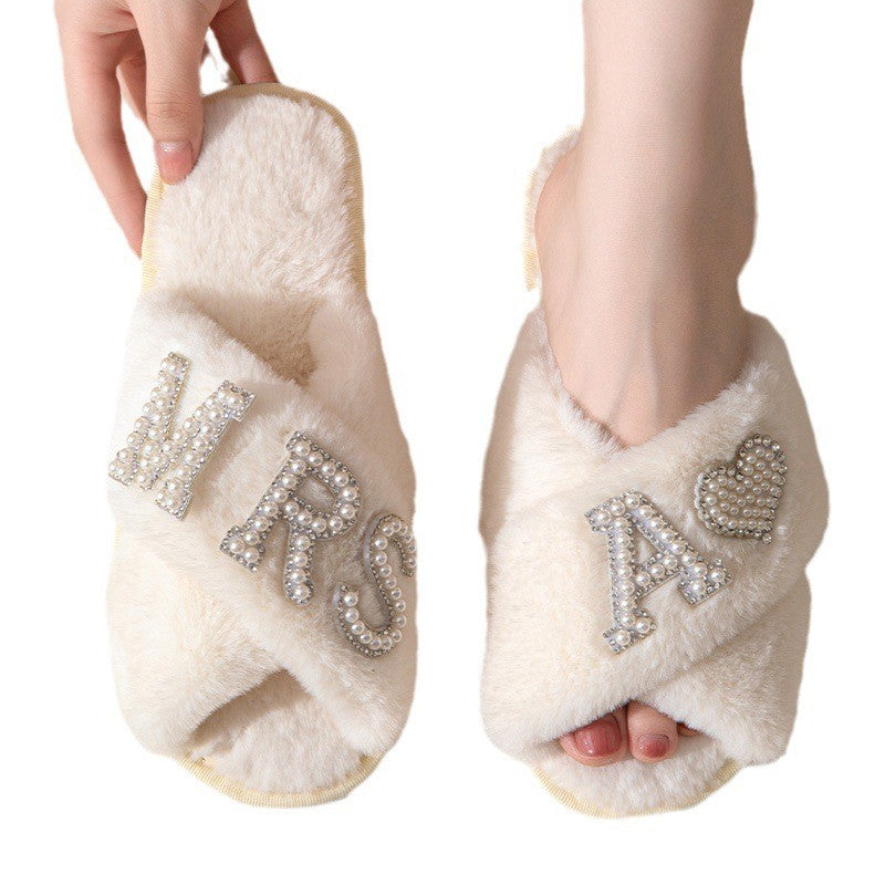 Women's Plush Slippers Home Non-slip Cotton Slippers Fleece-lined Thickened Cross Toe Covering Fluffy Slippers - White A - Women's Slippers - Carvan Mart