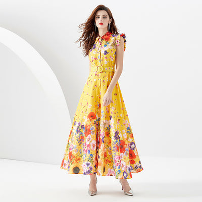 Women's Printed Slim Fit Long Hem Milkmaid Dress - Yellow - Summer Dresses - Carvan Mart