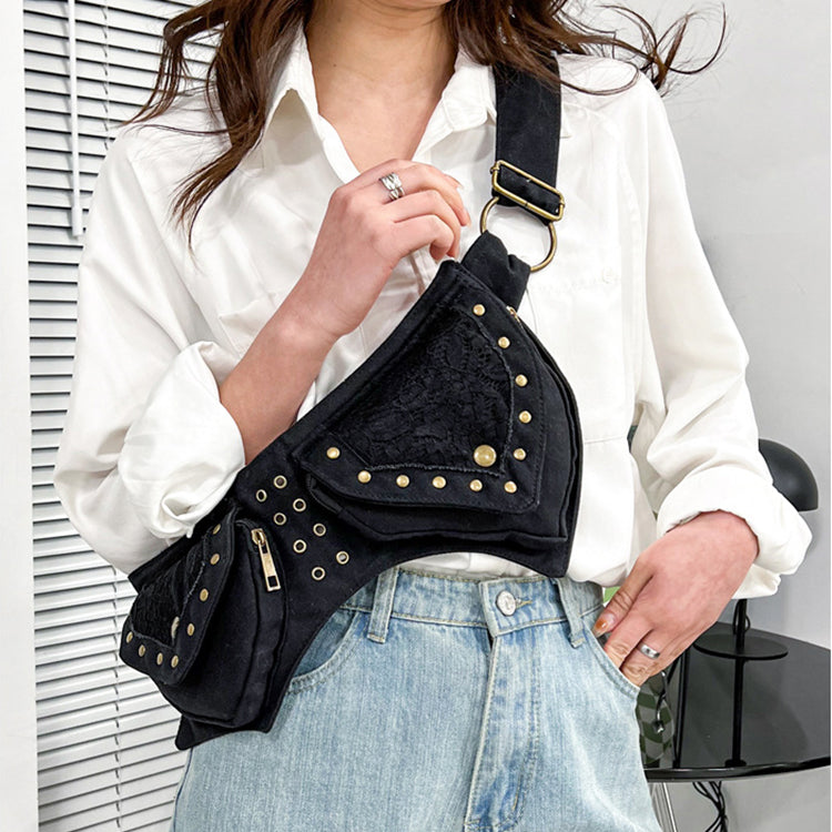 Vintage Belt Bag with Pockets - Studded Waist Bag for Women - - Shoulder Bags - Carvan Mart