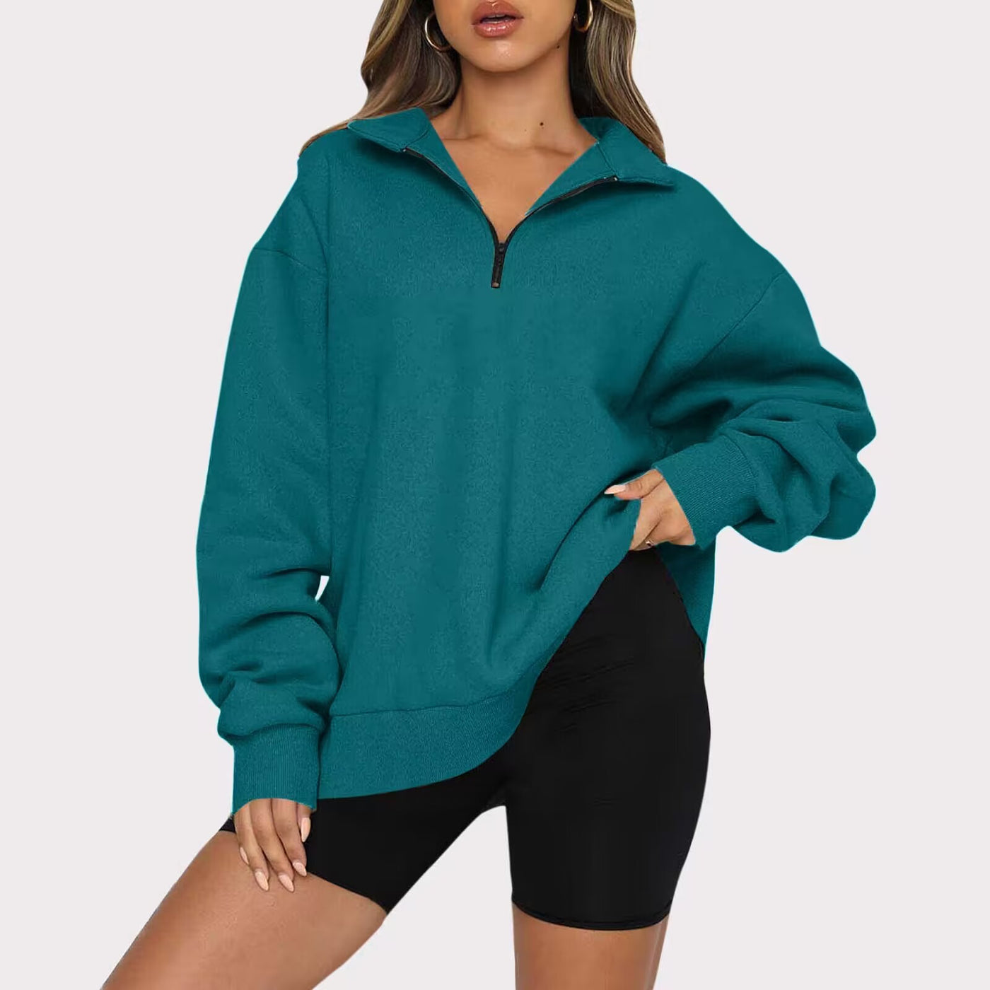 Women Sweatshirts Zip Turndown Collar Loose Casual Tops Clothes - Carvan Mart