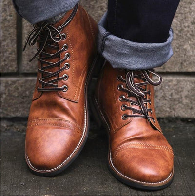 Men's Shoes With Front Lace Round Toe Motorcycle Boots - Carvan Mart