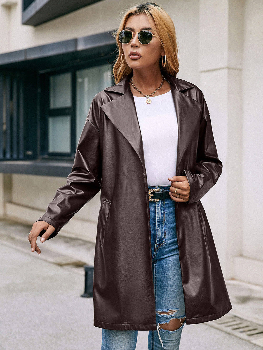 Women's Leather Trench Coat Mid-length Leather Jacket - Carvan Mart