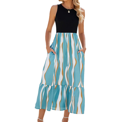 Women's Summer Dresses Round Neck Sleeveless Striped Print Midi Dress - - Dresses - Carvan Mart