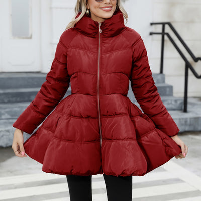 Newest Big Skirt Design Coat Winter Warm Slim-fitting Stand-collar Mid-length Thickened Waist Cotton Jacket Women - Wine Red - Women's Coats & Jackets - Carvan Mart