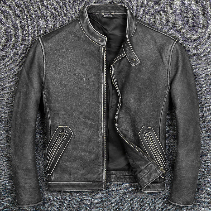 First Layer Cowhide Leather Leather Jacket, Pure Leather Jacket - Grey background - Genuine Leather - Carvan Mart