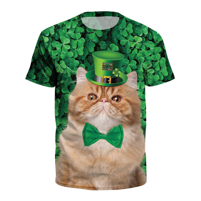 Patrick's Day Four Leaf Grass Cute Pet Cat Digital Print Round Neck T-shirt - Carvan Mart