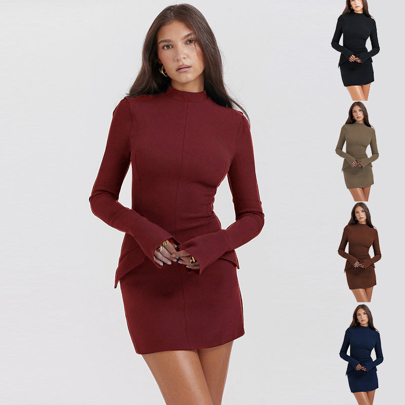 Women's Long Sleeve Dress With Two Pockets Slim Bodycon Hip Short Dress - Carvan Mart